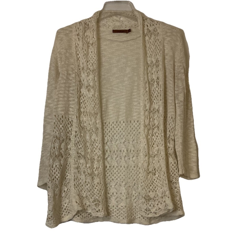 Belldini Pointelle Crochet Cardigan Oatmeal Lace Open Front Knit